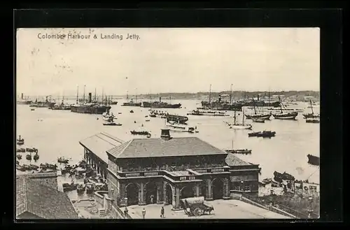 AK Colombo, Harbour & Landing Jetty, Blick auf Segel- und Dampferschiffe