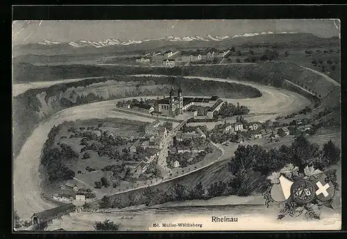 AK Rheinau, Ortspanorama vom Berg aus gesehen