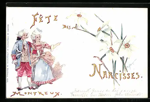 Künstler-AK Montreux, Fete des Narcisses, Kostümiertes Paar