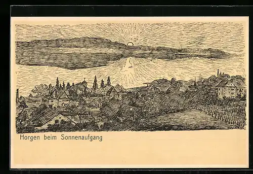 Künstler-AK Horgen, Ortsansicht bei Sonnenaufgang