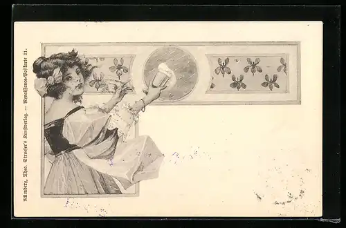 Künstler-AK Hübsche junge Frau mit Schleife im Haar und Armreif, Jugendstil