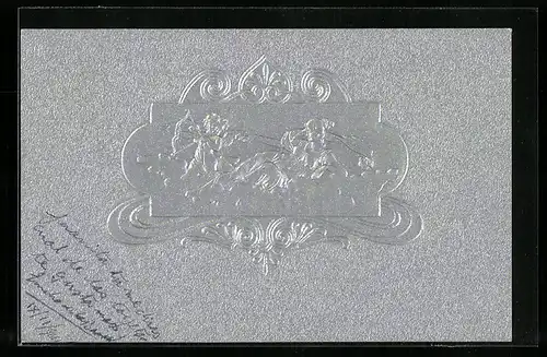 Künstler-AK Frau reicht dem kleinem Engel mit Pfeil und Bogen die Hand, Auf Wolken sitzend, Jugendstil