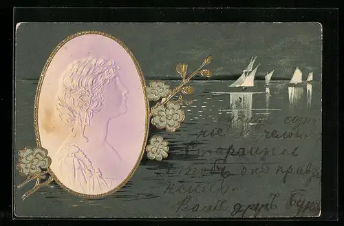 Künstler-AK Hübsche Frau blickt sehnsüchtig aufs Wasser, Jugendstil