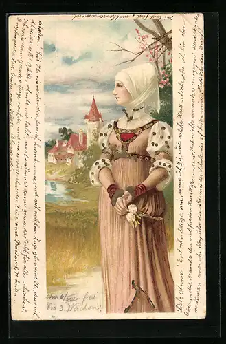 Lithographie Mittelalterliche Maid mit Kopftuch auf Wiese