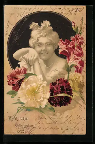 AK Junge Frau mit aufgestütztem Kopf und Nelken, Jugendstil
