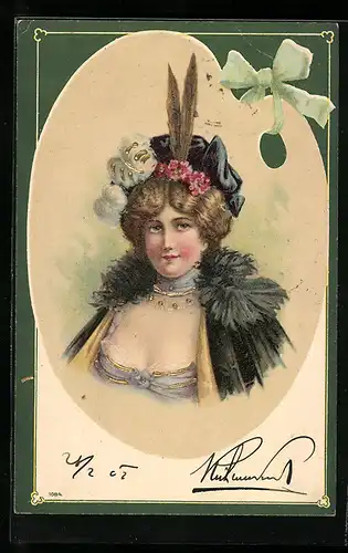Künstler-AK Edle Dame mit tiefen Ausschnitt und auffälligem Hut, Jugendstil