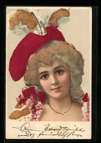 Lithographie Frau mit Hut u. Halskette im Jugendstil