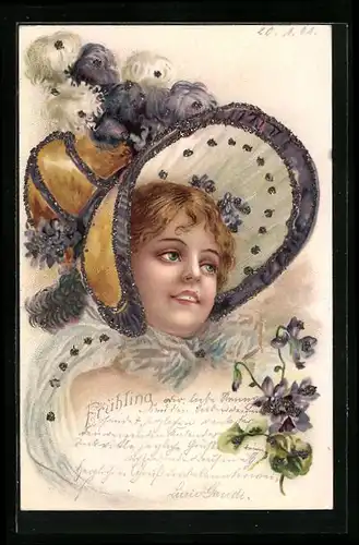 Lithographie Schönes Mädchen mit Hut und Veilchen, Jugendstil
