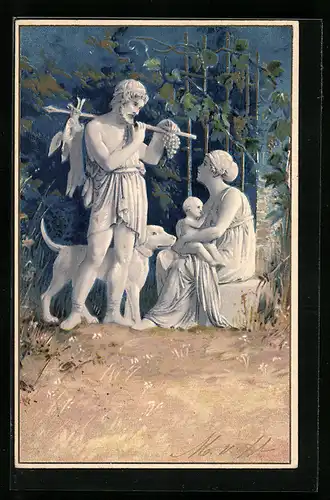 AK Antike Familie mit Jagdbeute, Hund, Baby und Weinreben, Karte m. Golddruck