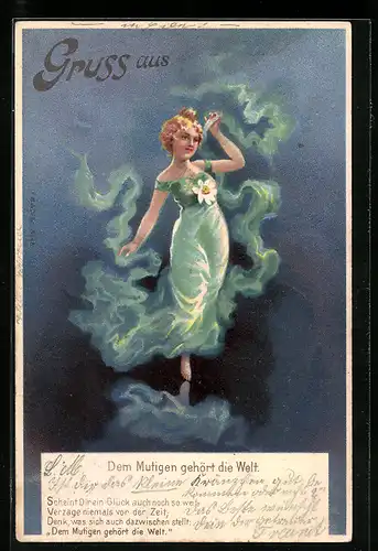 AK Hübsches Mädchen ganz in Blau - Dem Mutigen gehört die Welt, Jugendstil