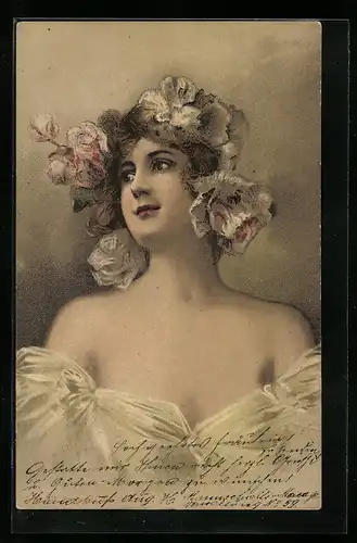 AK Portrait einer jungen Frau mit Blumen im Haar, Jugendstil