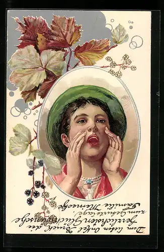 Lithographie Jufende Maid und Brombeeren