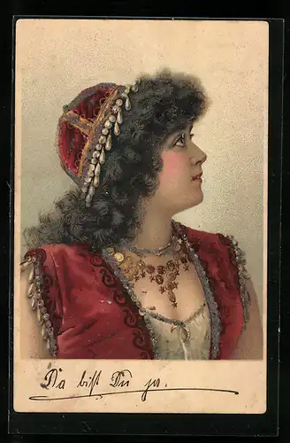 AK Orientalische Schönheit mit lockigem Haar im Profil, Jugendstil