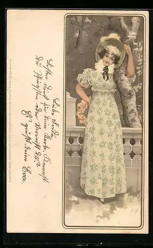 Künstler-AK Hübsche Frau im gemusterten Kleid mit Blumenkranz, Jugendstil
