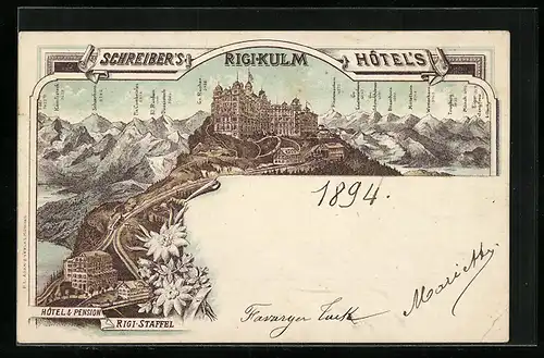 Lithographie Rigi-Kulm, Schreiber`s Hotel, Kämlistock