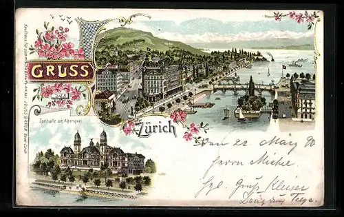 Lithographie Zürich, Zürichsee mit Brücke, Häuser und Gebirge, Tonhalle am Alpenquai, Blumen