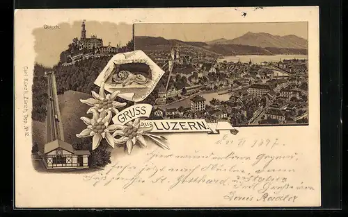 Lithographie Luzern, Ortsansicht aus der Vogelschau, Gütsch, Löwendenkmal