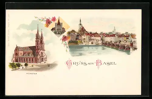 Lithographie Basel, Münster mit Totalansicht