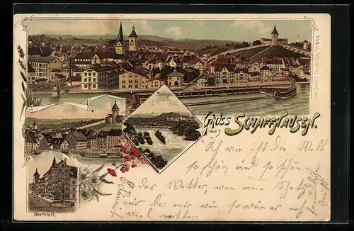 Lithographie Schaffhausen, Rheinfall, Oberstadt