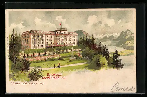 Lithographie Zugerberg, Grand Hotel, Kuranstalt Schönfels