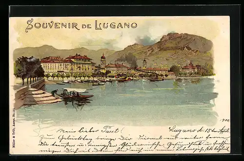 Lithographie Lugano, Uferpartie mit Booten