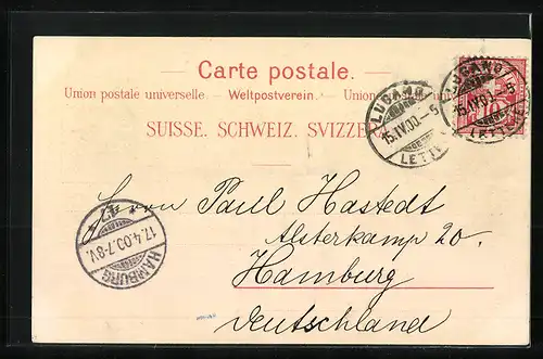 Lithographie Lugano, Uferpartie mit Booten