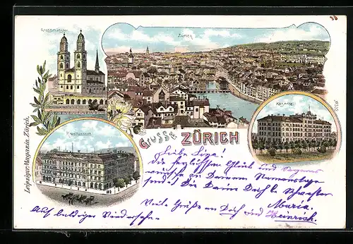 Lithographie Zürich, Grossmünster, Kaserne, Kreditanstalt