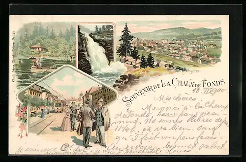 Lithographie La Chaux de Fonds, Wasserfall, Ortsansicht, Strassenbahn