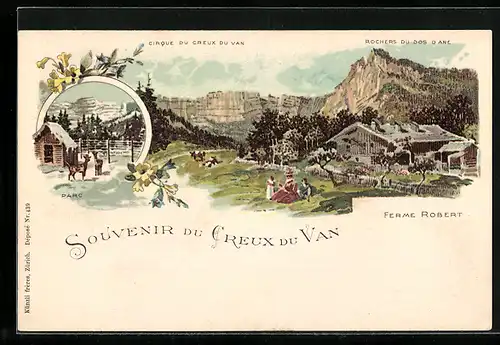 Lithographie Creux du Van, Ferme Robert, Rochers du Dos d`Ane
