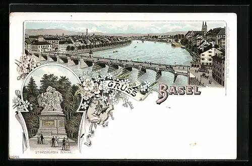 Lithographie Basel, Strassburger Denkmal, Brückenpartie