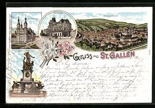 Lithographie St. Gallen, Gesamtansicht, Unionbank, Stiftskirche, Monumentalbrunnen