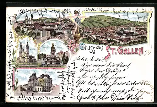 Lithographie St. Gallen, Gesamtansicht, Kathedrale, Unionsbank, Monumental-Brunnen