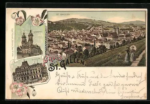 Lithographie St. Gallen, Stiftskirche, Unionsbank