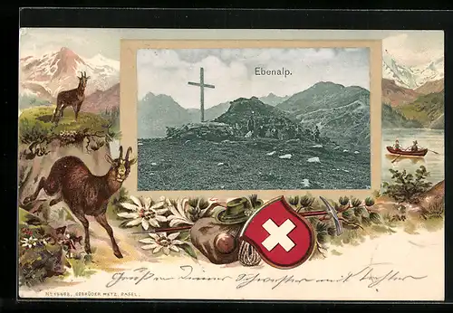 Passepartout-Lithographie Ebenalp, Gipfelkreuz, Wappen, Gämse