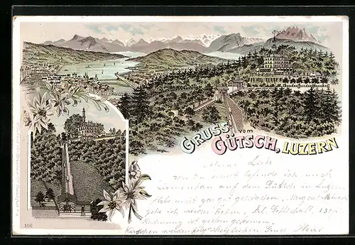 Lithographie Luzern, Blick auf das Schloss und die Berge