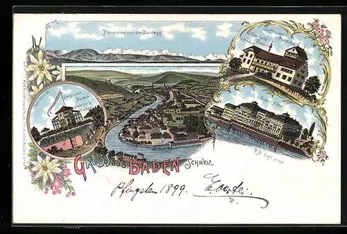 Lithographie Baden, Grand Hotel, Pensionat Belvédére, Panorama