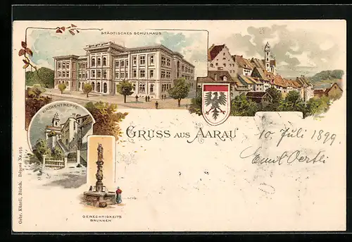 Lithographie Aarau, Städtisches Schulhaus, Kirchentreppe, Gerechtigkeitsbrunnen