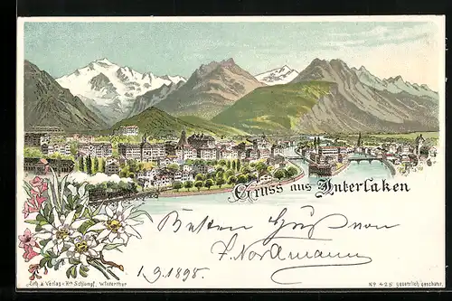 Lithographie Interlaken, Totalansicht mit Alpenlandschaft