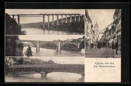 AK Eglisau, Ortsansicht mit den drei Rheinbrücken