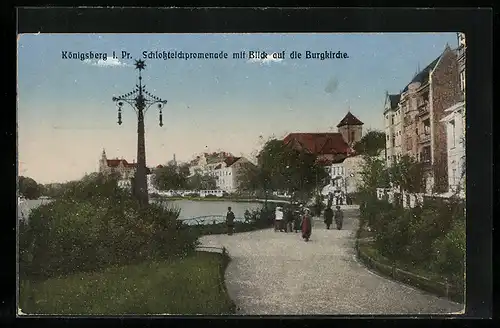 AK Königsberg i. Pr., Schlossteichpromenade mit Blick auf die Burgkirche