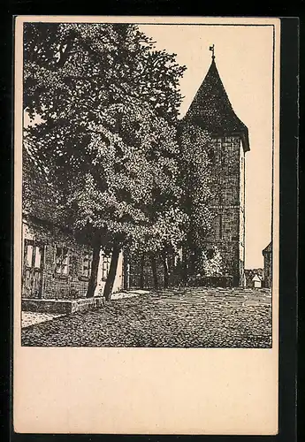 Künstler-AK Sensburg, Evangelische Kirche