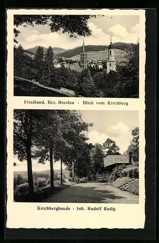 AK Friedland, Blick vom Kirchberg, Gasthaus Kirchbergbaude mit -Fahne