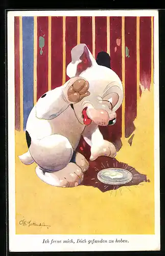 Künstler-AK George Ernest Studdy: Ich freue mich, Dich gefunden zu haben, Bonzo mit Münze