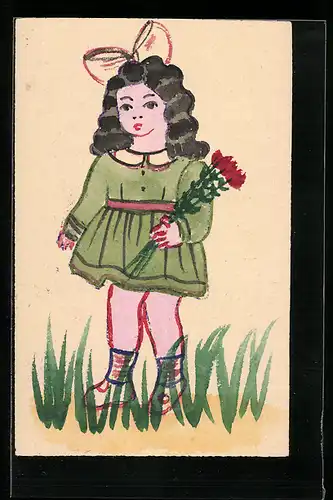 Künstler-AK Handgemalt: Mädchen mit Tulpenstrauss auf einer Wiese
