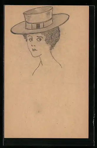 Künstler-AK Handgemalt: Junge Dame mit Hut, Bleistiftzeichnung