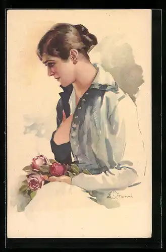 Künstler-AK Terzi: Junge Dame mit einem Rosenstrauss
