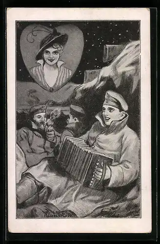 Künstler-AK Plantikow: Soldaten im Felde mit Ziehharmonika und Gedanken an die Liebste