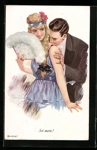Künstler-AK Plantikow: Mann umwirbt die junge Frau mit dem Fächer
