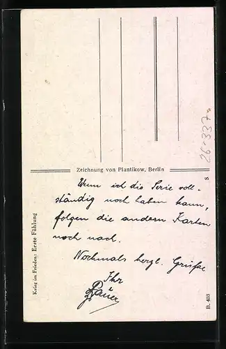 Künstler-AK Plantikow: Soldat in Uniform mit Pickelhaube begrüsst seine Liebste