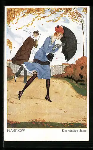 Künstler-AK Plantikow unsign.: Dame mit Schirm geht im Herbststurm spazieren, Eine windige Sache